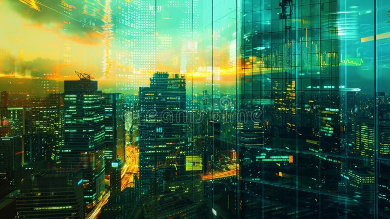 Orizont urban vibrant la apus cu suprapunere futuristă stock illustration