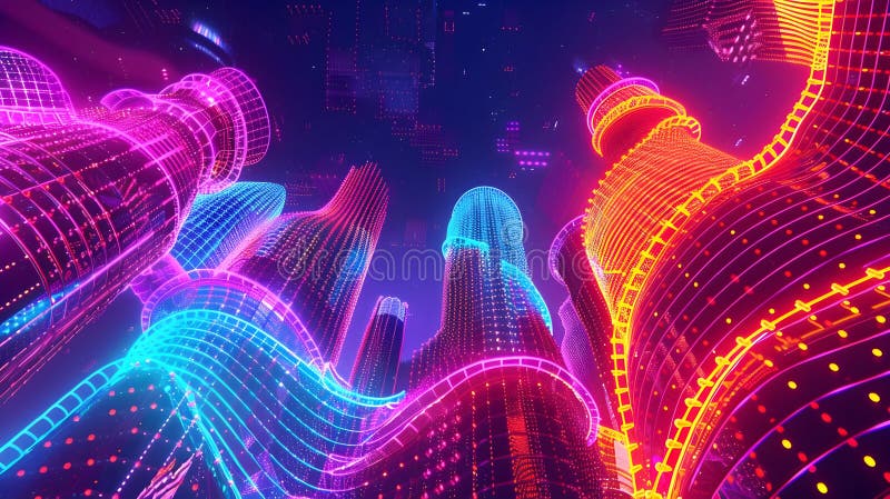 Orizont verde strălucitor : o imagine cinematografică într-un peisaj urban retrofuturist vector illustration