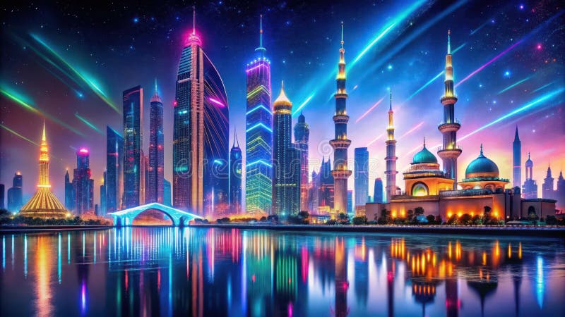 Orizont vibrant în metropolă pe timp de noapte, cu arhitectură modernă iluminată și o moschee maiestuoasă reflectată în apele calm vector illustration