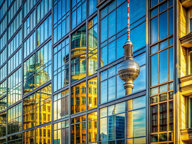 Orizontul iconic al Berlinului reflecta o priveliște uimitoare a Fernsehturm și a Forumului Humboldt oglindite într-un peisaj urba royalty free illustration