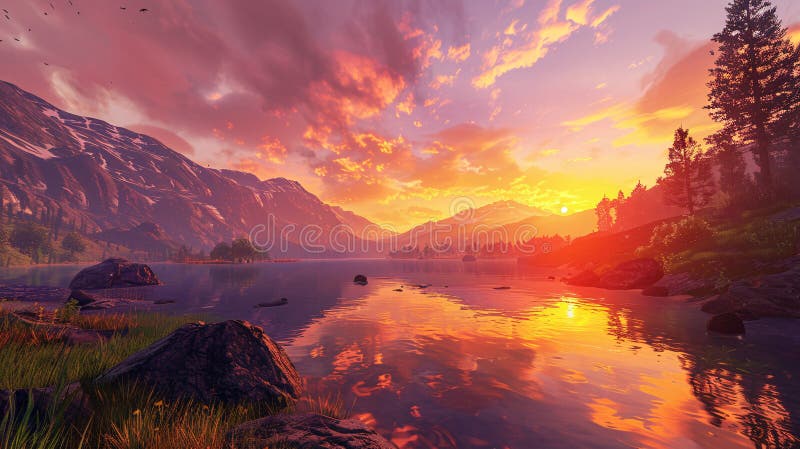 Orizzontale del mondo virtuale tramonto iperrealistico grandangolo immagini vivide colori vivaci sensazione di immersione illustrazione di stock