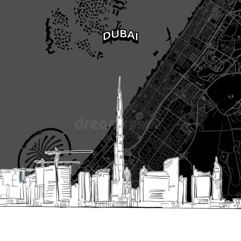 Orizzonte del Dubai con la mappa illustrazione vettoriale Orizzonte del Dubai con la mappa illustrazione vettoriale
