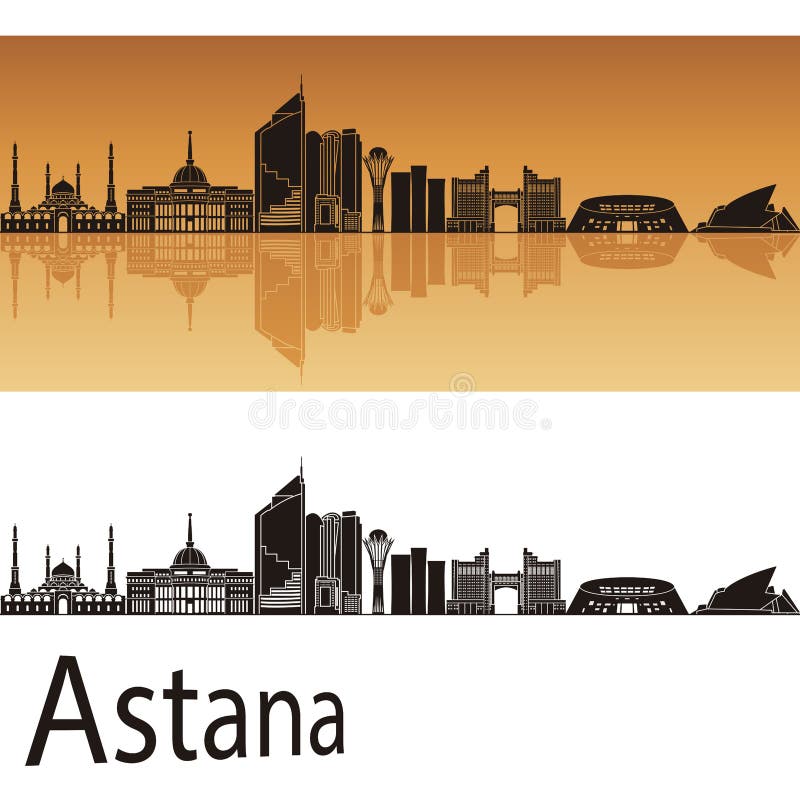 Orizzonte di Astana nel fondo arancio illustrazione di stock Orizzonte di Astana nel fondo arancio illustrazione di stock
