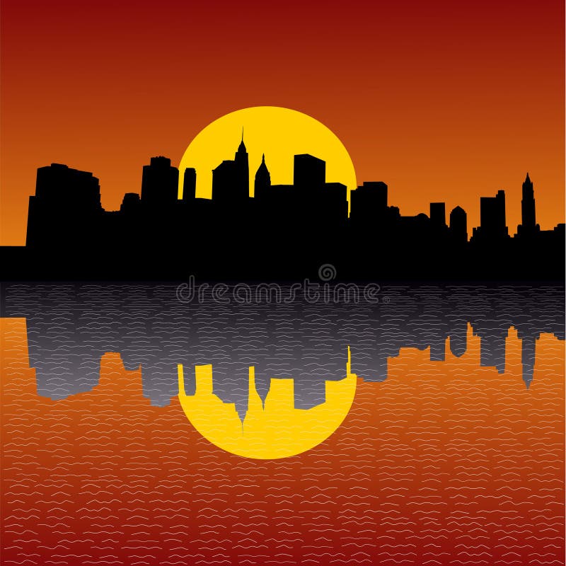 Orizzonte di Manhattan al tramonto illustrazione di stock Orizzonte di Manhattan al tramonto illustrazione di stock