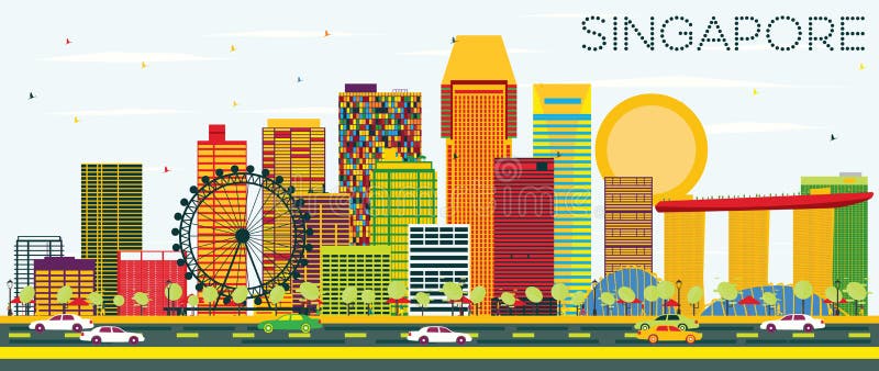 Orizzonte di Singapore con le costruzioni ed il cielo blu di colore royalty illustrazione gratis Orizzonte di Singapore con le costruzioni ed il cielo blu di colore royalty illustrazione gratis