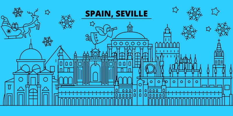 Orizzonte di vacanze invernali della Spagna, Siviglia Il Buon Natale, buon anno ha decorato l'insegna con Santa Claus La Spagna, royalty illustrazione gratis Orizzonte di vacanze invernali della Spagna, Siviglia Il Buon Natale, buon anno ha decorato l'insegna con Santa Claus La Spagna, royalty illustrazione gratis