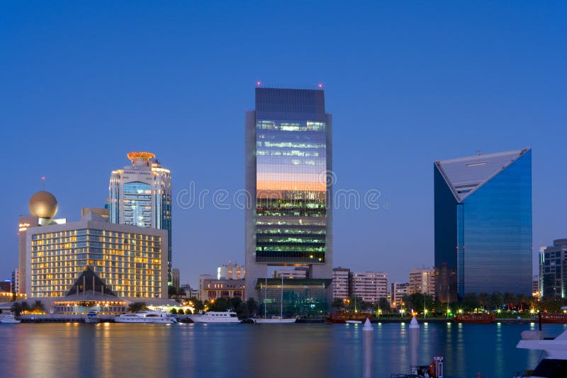 Skyline at Dubai Creek by night. Skyline at Dubai Creek by night