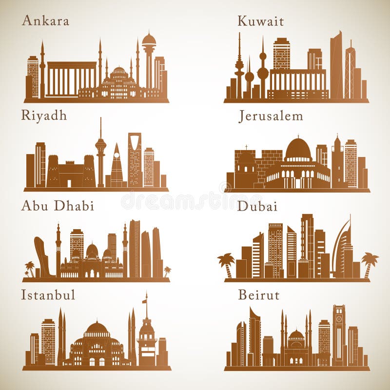 Orizzonti delle città di Medio Oriente messi Siluette di vettore dei punti di riferimento di Medio Oriente illustrazione vettoriale Orizzonti delle città di Medio Oriente messi Siluette di vettore dei punti di riferimento di Medio Oriente illustrazione vettoriale