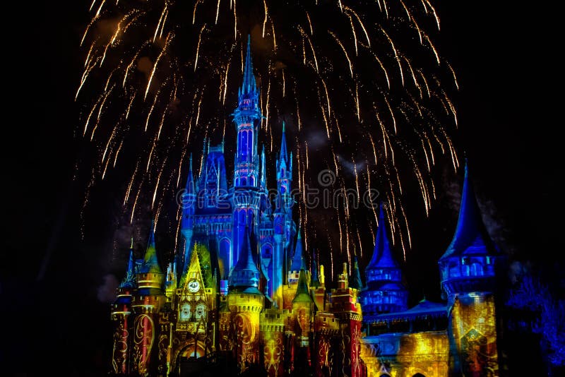Spectacular fireworks in Happily Ever After Show at Cinderella`s Castle in Magic Kingdom 44. Orlando, Florida. December 05, 2019. Spectacular fireworks in stock images Spectacular fireworks in Happily Ever After Show at Cinderella`s Castle in Magic Kingdom 44. Orlando, Florida. December 05, 2019. Spectacular fireworks in stock images