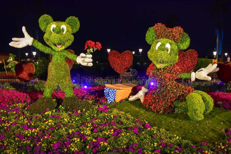 Mickey and Minnie topiaries on a colorful scenery at Epcot in Walt Disney World 1