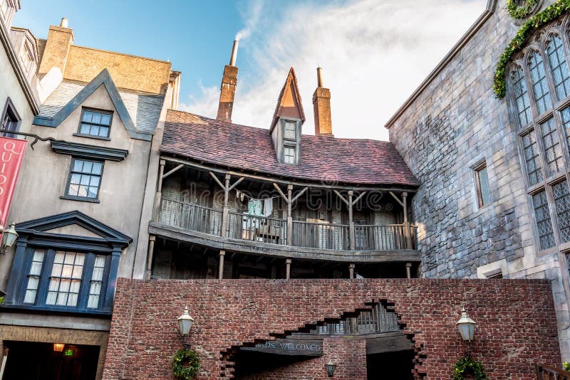 ORLANDO, FLORIDA, USA - DECEMBER, 2017: The Wizarding World of Harry Potter - Brick wall entrance at Diagon Alley, Universal Studi