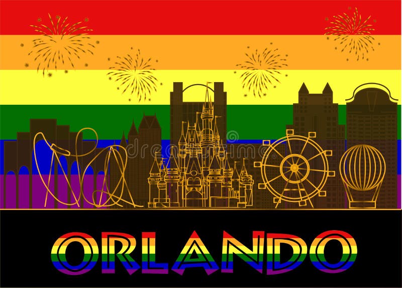 Orlando - inscrição colorida sobre fundo colorido Vetor com ícones de viagem e fogos de artifício ilustração stock Orlando - inscrição colorida sobre fundo colorido Vetor com ícones de viagem e fogos de artifício ilustração stock