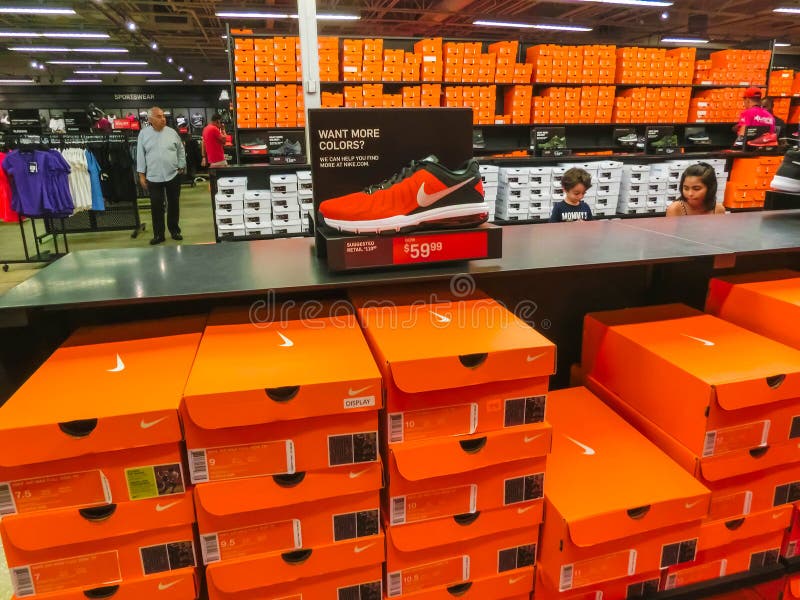Orlando, USA - May 8, 2018: Background Of Stacked Nike Shoes Boxes At Orlando Premium Outlet At ...