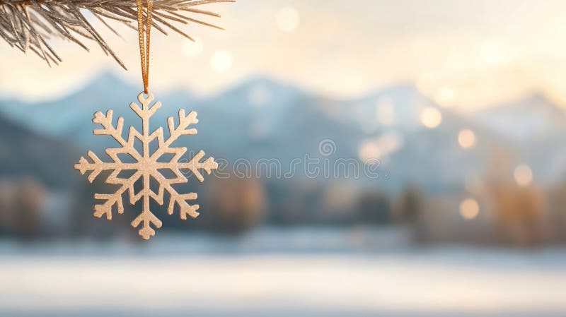 Ornament cu fulgi de zăpadă aurii atârnând de o creangă de pin, pe un fundal neclar de iarnă cu munți stock photos
