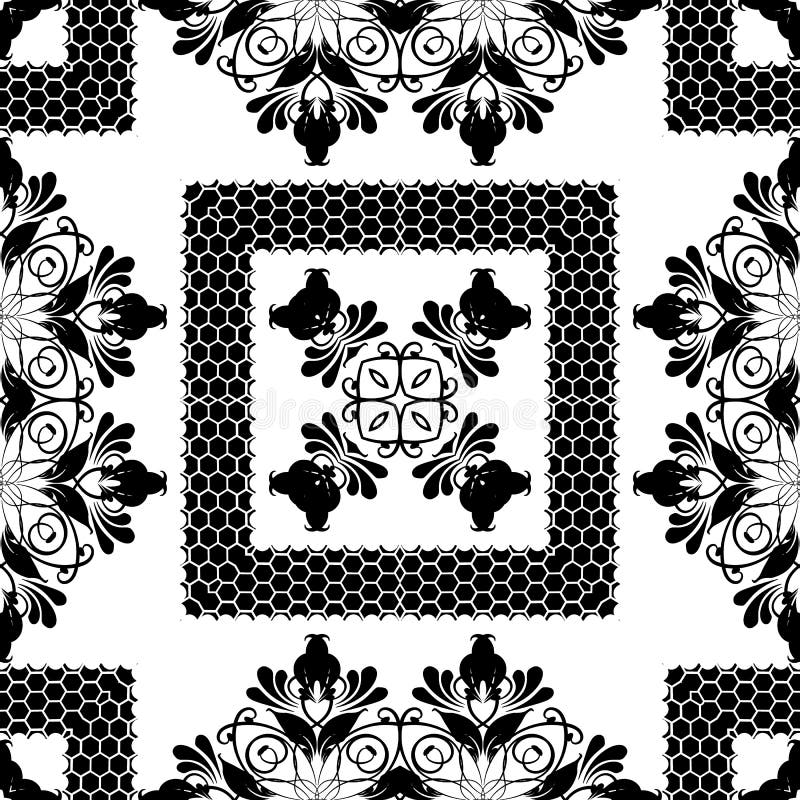 Ornamental black and white floral vector seamless pattern. Geometric abstract background with square lace frames