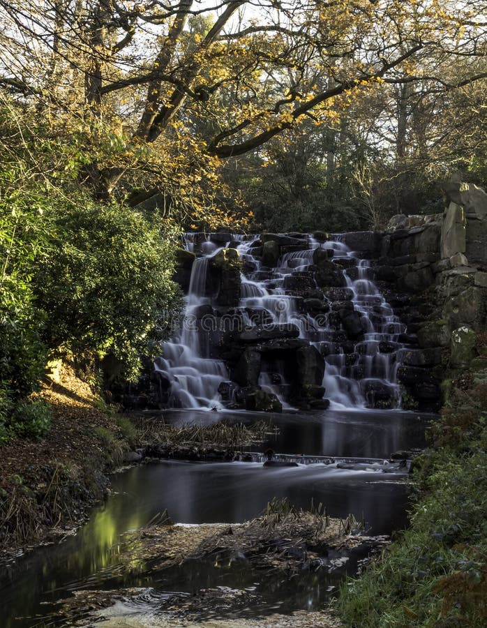 The Ornamental Cascade Waterfall In Virginia Water, Surrey, UK Stock