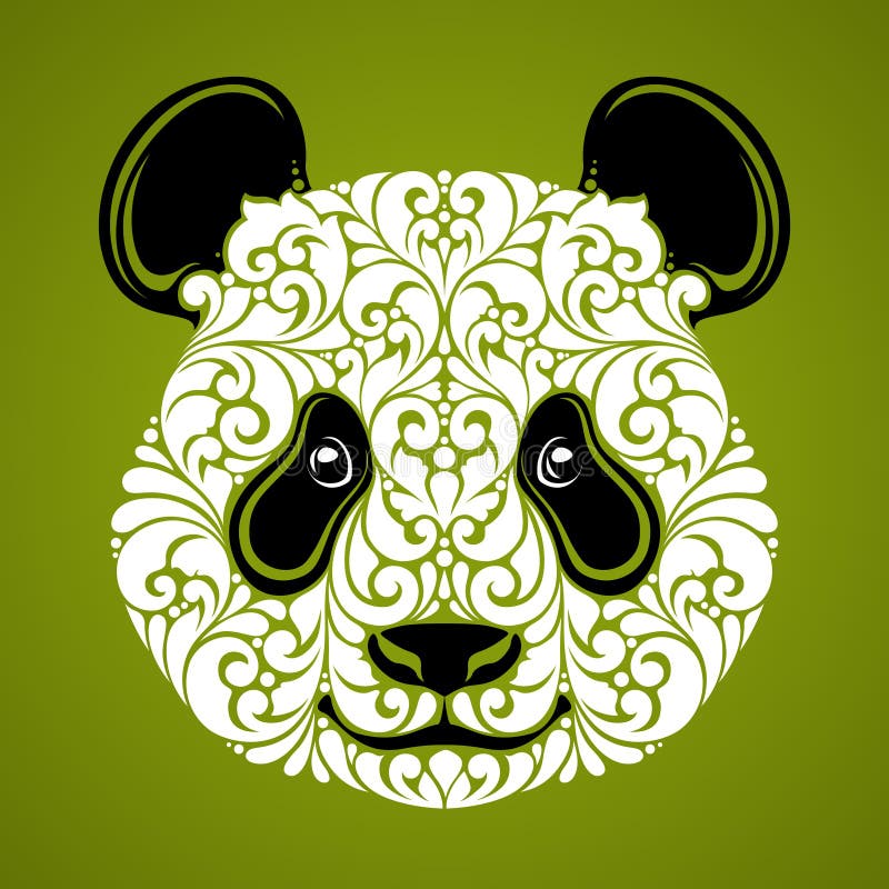 Ornamental decorative panda. Panda bear cute face isolated icon logo on green background Vector illustration.