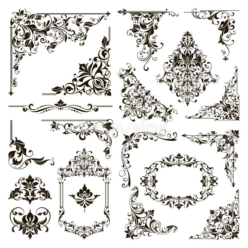 Ornamental design lace borders and corners Vector set art deco floral ornaments elements. Decoration