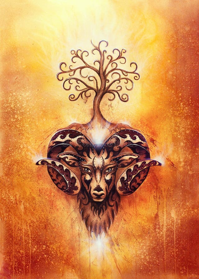 Ornamental painting of Aries, sacred animal symbol and tree of life. stock images Ornamental painting of Aries, sacred animal symbol and tree of life. stock images