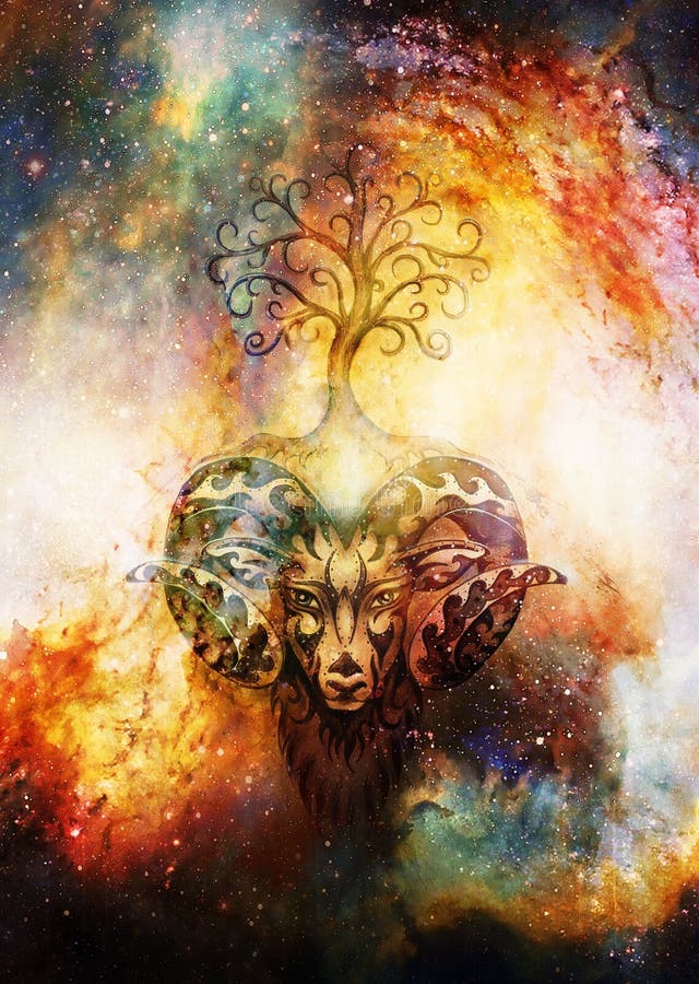 Ornamental painting of Aries, sacred animal symbol and tree of life in cosmic space.