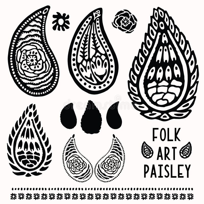 Ornamental folk art graphic design element. Hand drawn linocut