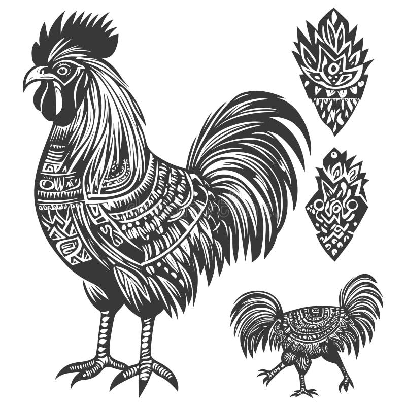 Ornamental Rooster Detaillierte Schwarz-Weiß-Illustration stock abbildung