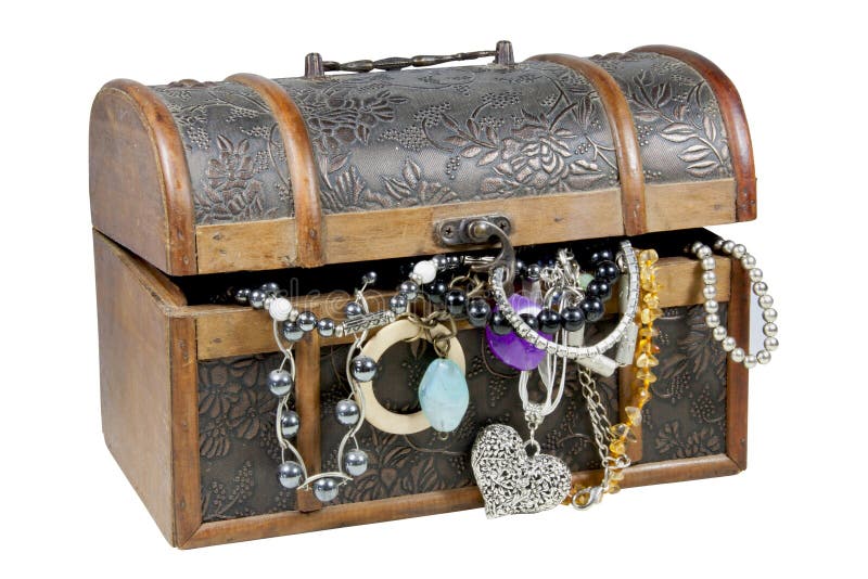 Ornamental Wooden Treasure Chest Overflowing with Jewellery stock photos Ornamental Wooden Treasure Chest Overflowing with Jewellery stock photos