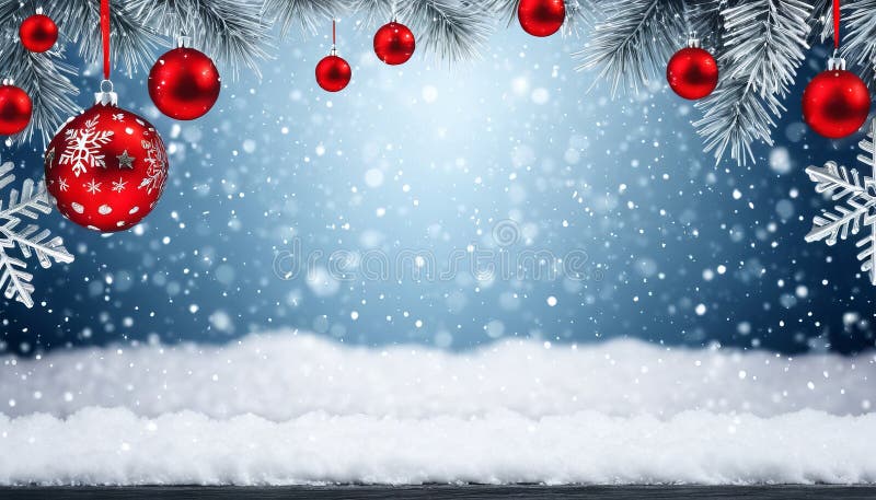 Ornamente roșii festive și frunziș de argint pe fond de iarnă stock photos