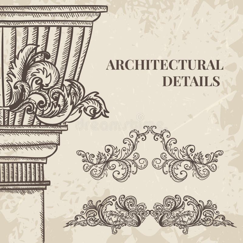 Ornamenti antichi e barrocco del cartiglio ed insieme classico del vettore colonna di stile Elementi architettonici d'annata di p illustrazione di stock