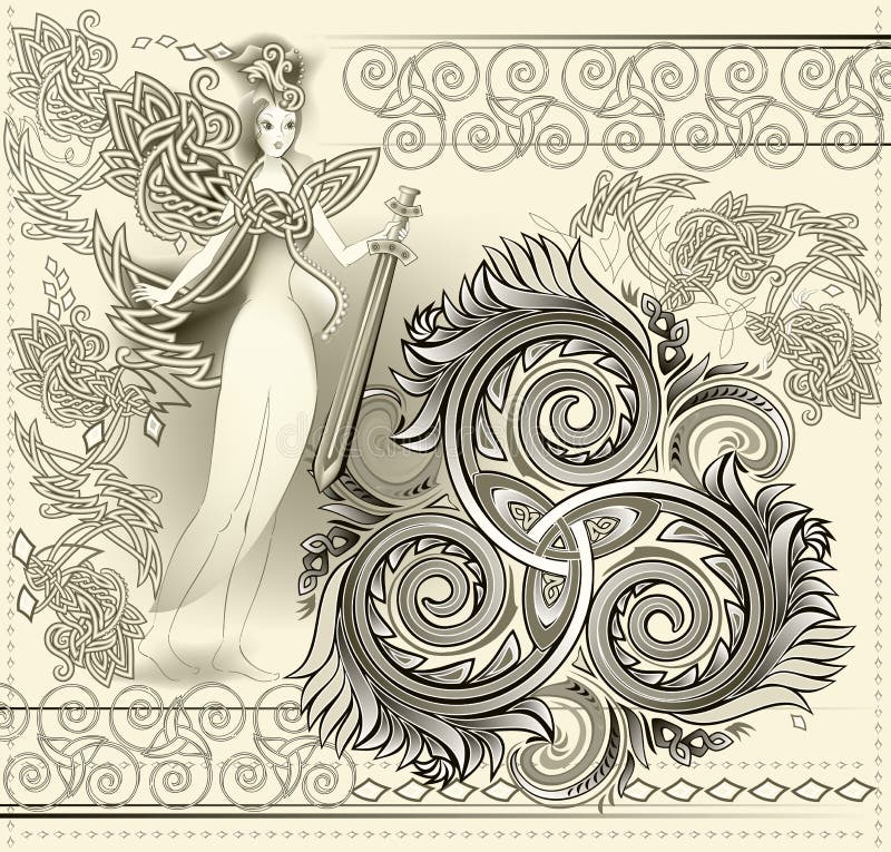Ornamento céltico fantástico con símbolo espiral triple y la espada que se sostiene de hadas medieval antigua Deco gótico hermoso ilustración del vector Ornamento céltico fantástico con símbolo espiral triple y la espada que se sostiene de hadas medieval antigua Deco gótico hermoso ilustración del vector