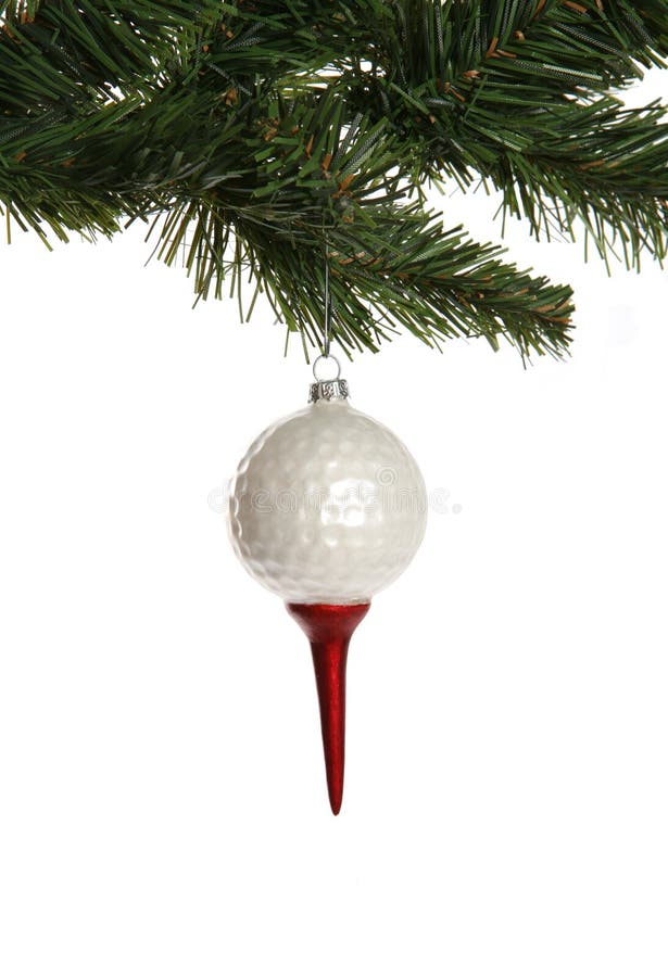 A golf ball christmas ornament hanging on a tree. A golf ball christmas ornament hanging on a tree