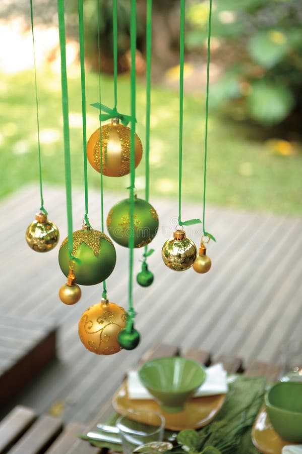 A display of Christmas ornaments hanging. A display of Christmas ornaments hanging.