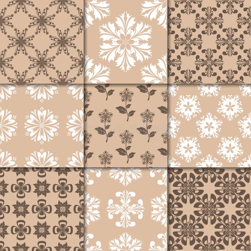 Ornamento florais bege de Brown Coleção de testes padrões sem emenda ilustração stock Ornamento florais bege de Brown Coleção de testes padrões sem emenda ilustração stock