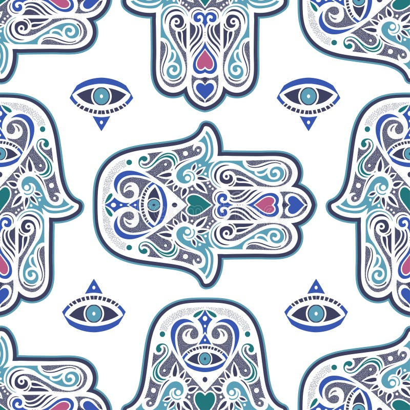 Ornamento senza cuciture della Boemia con il hamsa o mano di Fatima Carta da parati decorata di vettore, arte decorativa di vetto royalty illustrazione gratis Ornamento senza cuciture della Boemia con il hamsa o mano di Fatima Carta da parati decorata di vettore, arte decorativa di vetto royalty illustrazione gratis