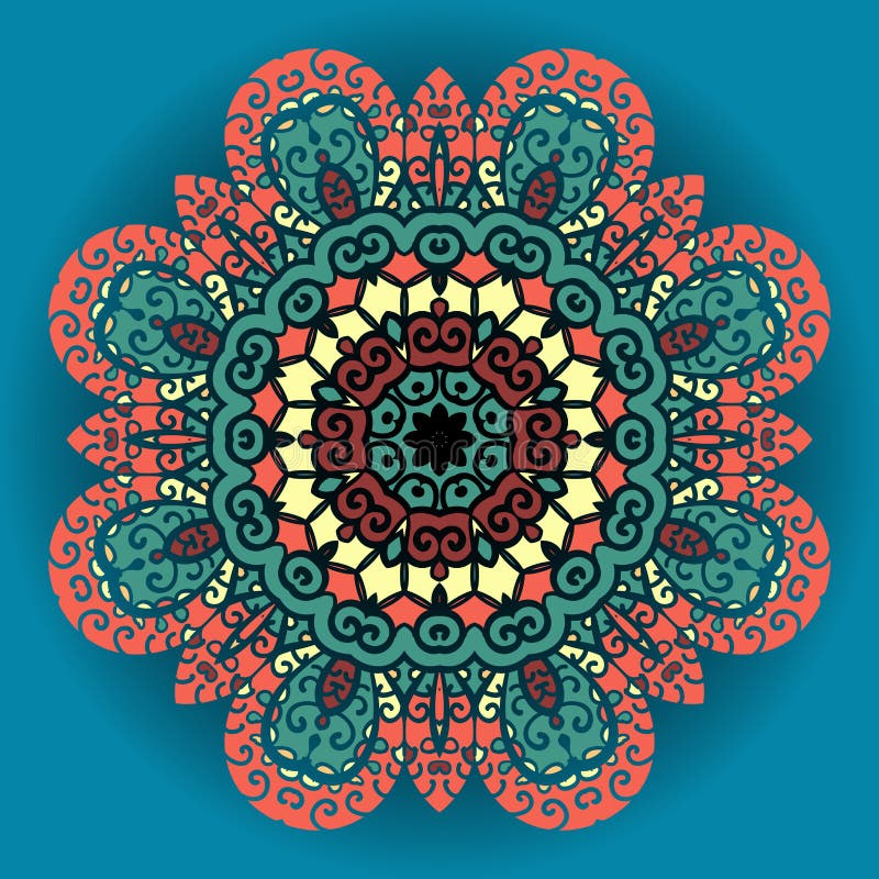 Ornamento verde e vermelho da mandala sobre o fundo dos azuis celestes ilustração do vetor Ornamento verde e vermelho da mandala sobre o fundo dos azuis celestes ilustração do vetor