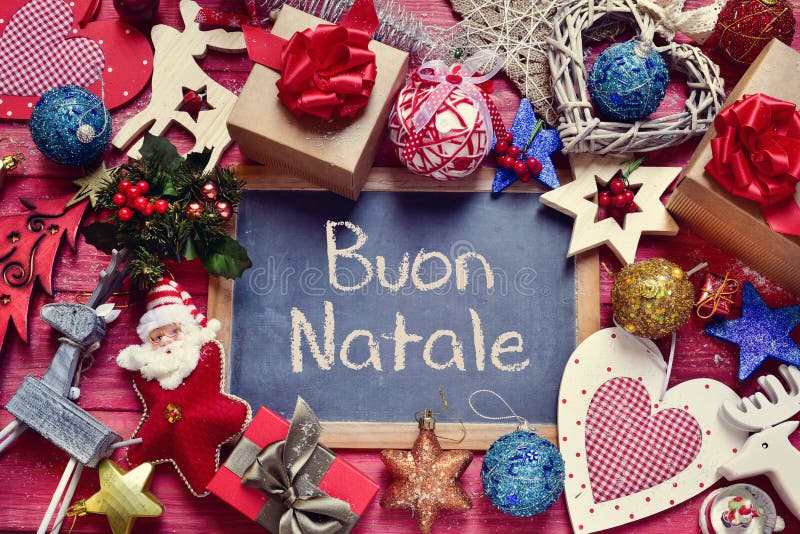 Ornaments and text buon natale, merry christmas in italian