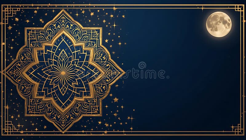 Ornamentul de aur elegant și Luna pe fundalul Cerului de noapte albastru adânc vector illustration