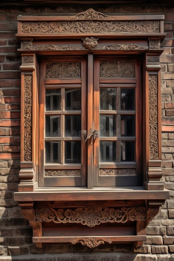 Ornano finestre di legno decorate in modo magnifico, con confezioni intricate e scene storiche illustrazione vettoriale