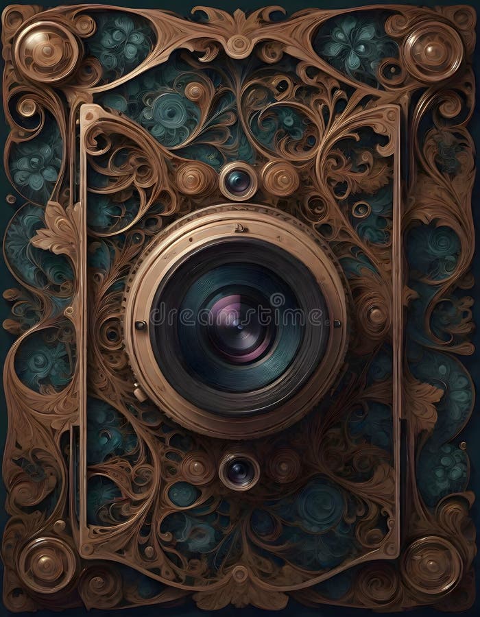 Ornate abstract digital artwork featuring a camera lens surrounded by intricate swirling patterns stock illustration