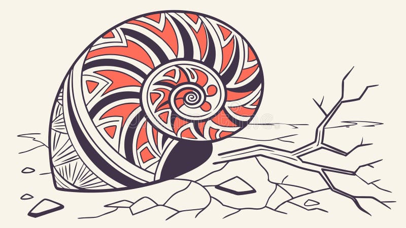 Ornate Ammonite Fossil Su Cracking Ground Paleontology Vector Art Design Generative AI. Illustrazione vettoriale di una conchiglia di fossile di ammonite ornata che si trova su terreno secco e crackizzato. Questa immagine si collega alla paleontologia dell'antica geologia marina e al passaggio del tempo. Ideale per mostre museali o materiale didattico. progettazione vettoriale Generative AI