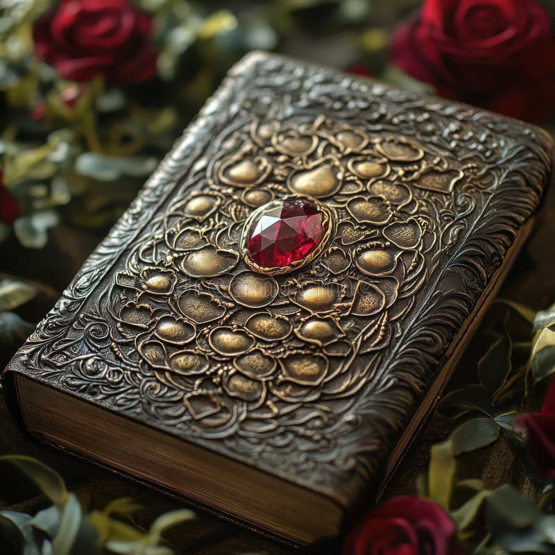 Ornate Antique Book with Ruby Gemstone Surrozed by Roses arkivbild