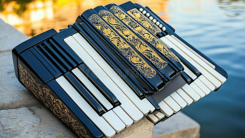 Ornate Black and Gold Accordion by Water fotografia royalty free