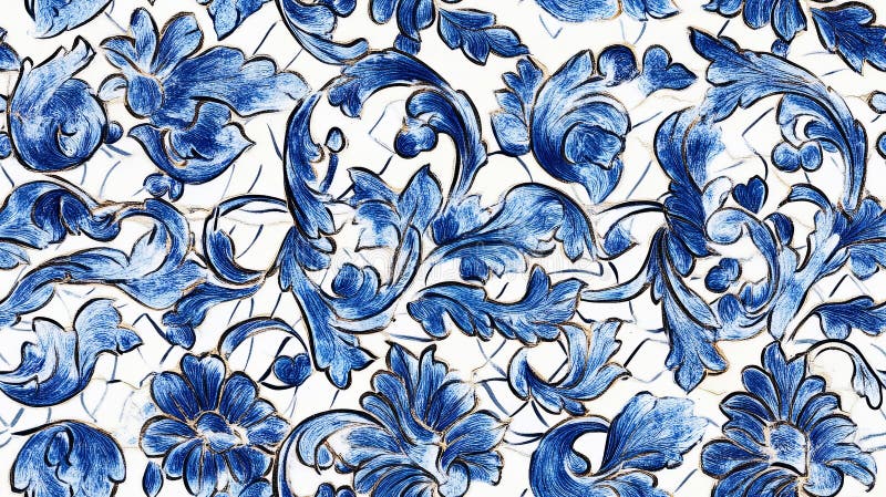 Ornate blue floral pattern on a light background, showcasing intricate designs and artistic elegance stock illustration