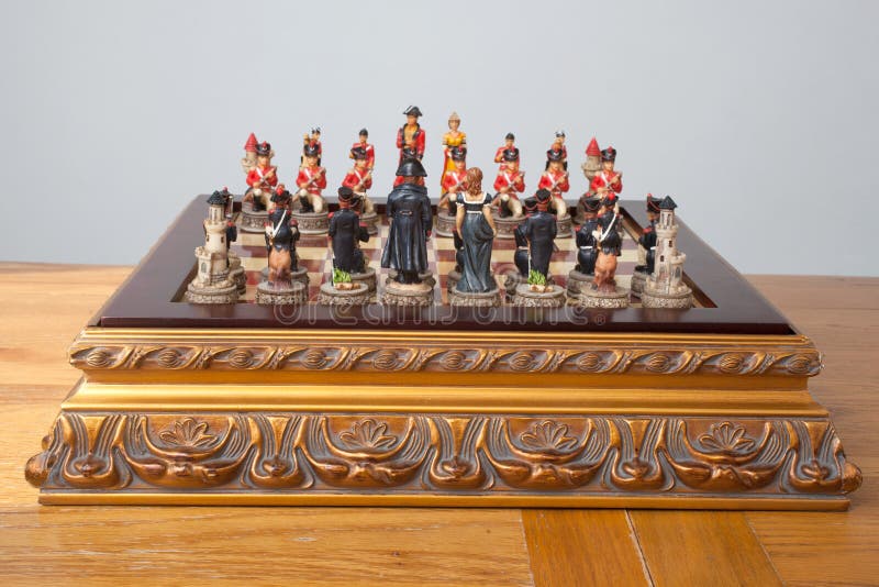 An ornate chess set with pieces from the Napoleonic Wars with Napoleon against Wellington