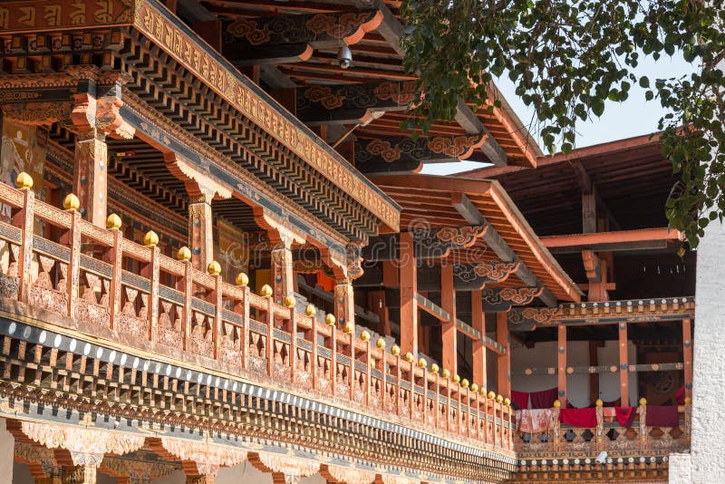 Ornate decoration inside Buddhist monastery / fort Dzong in Punhaka, Bhutan royalty free stock images