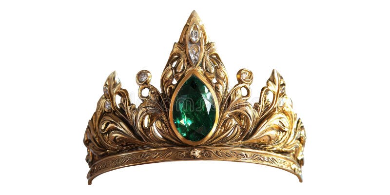 Ornate di tiara dorata con gemma verde e foglie isolate su fondo trasparente immagine stock