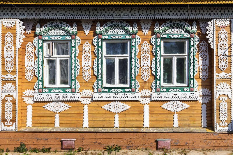 Ornate facade of Russian wooden house