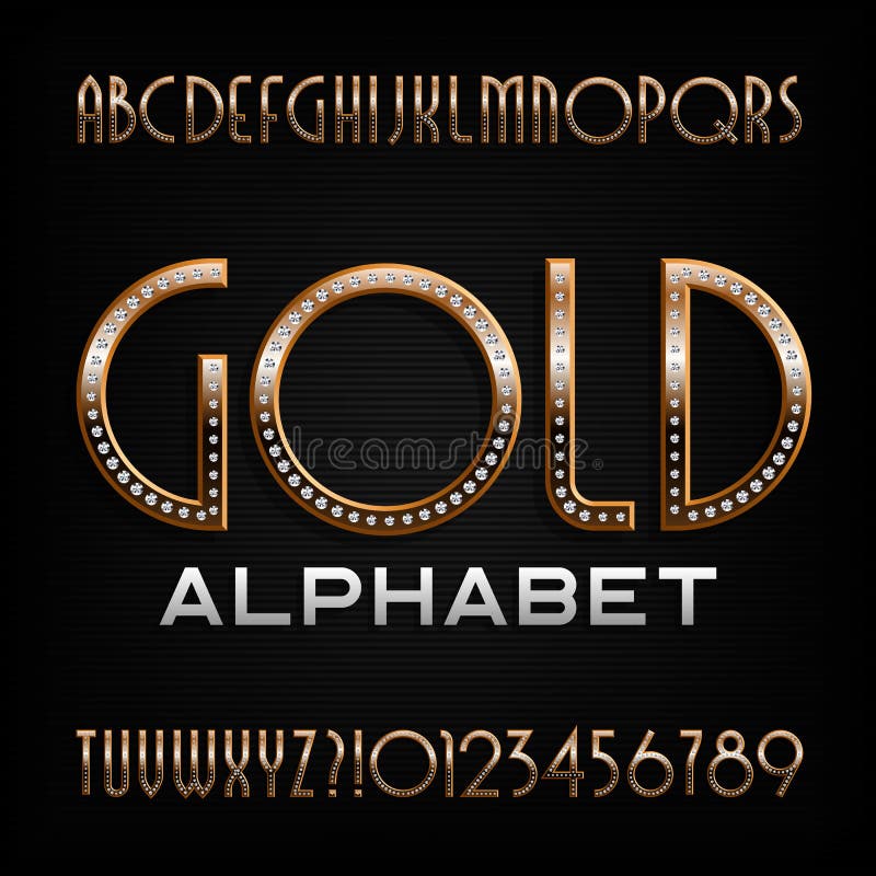 Ornate gold alphabet font. Art deco golden letters and numbers with diamond gemstones. vector illustration Ornate gold alphabet font. Art deco golden letters and numbers with diamond gemstones. vector illustration