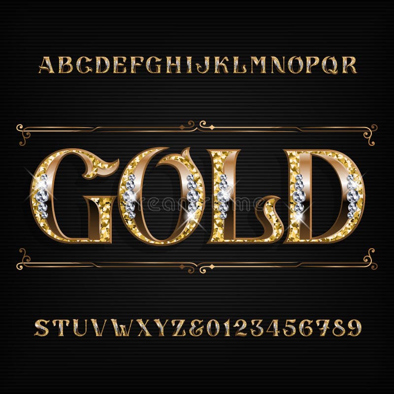 Ornate gold alphabet font. Jeweler golden letters and numbers with diamond gemstones. Stock vector typescript for your design royalty free illustration Ornate gold alphabet font. Jeweler golden letters and numbers with diamond gemstones. Stock vector typescript for your design royalty free illustration