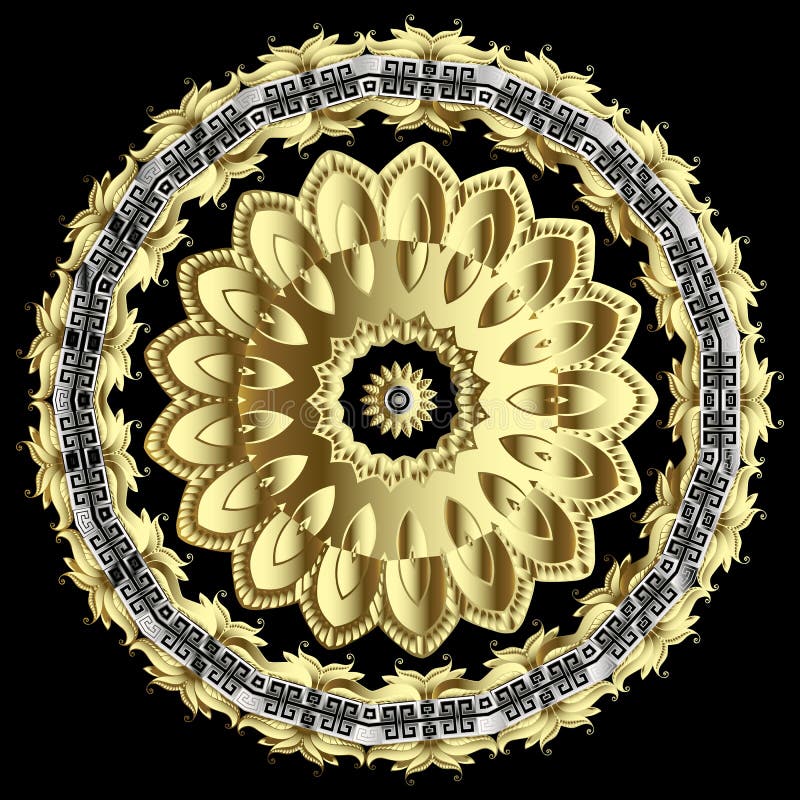 Ornate gold floral 3d vector mandala pattern. Ornamental modern greek background. Round vintage 3d ornament with greek stock illustration Ornate gold floral 3d vector mandala pattern. Ornamental modern greek background. Round vintage 3d ornament with greek stock illustration
